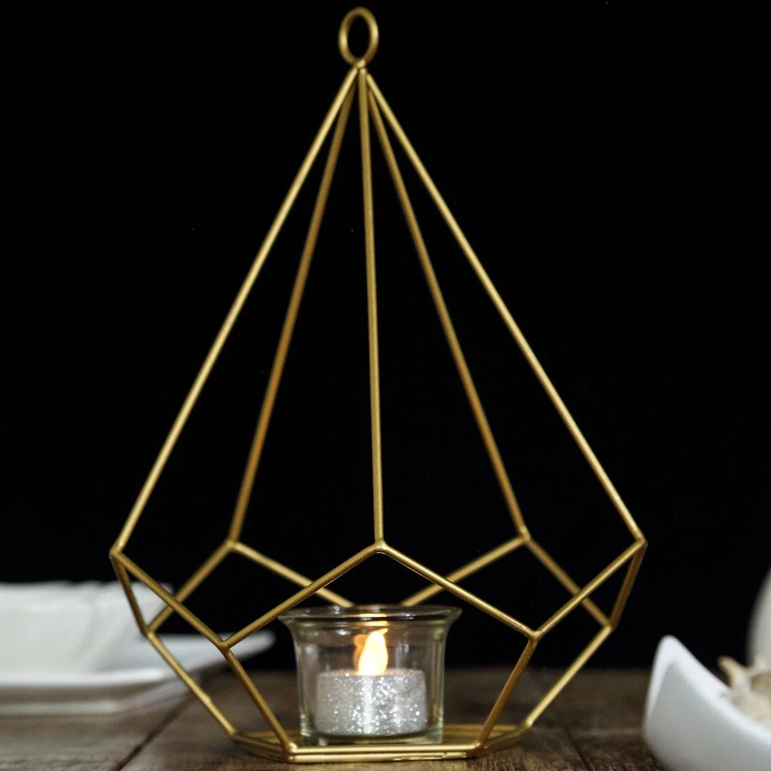 HIER_4330 2 Pack | 9" Gold Metal Pentagon Geometric Tealight Candle Holders | Geometric Flower Stand Centerpieces 2 HIER_4330 2 Pack | 9" Gold Metal Pentagon Geometric Tealight Candle Holders | Geometric Flower Stand Centerpieces
