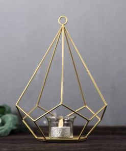 HIER_4330 2 Pack | 9" Gold Metal Pentagon Geometric Tealight Candle Holders | Geometric Flower Stand Centerpieces 28 HIER_4330 2 Pack | 9