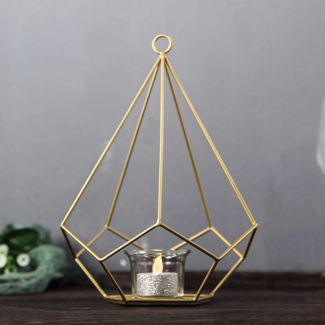 HIER_4330 2 Pack | 9" Gold Metal Pentagon Geometric Tealight Candle Holders | Geometric Flower Stand Centerpieces 8 HIER_4330 2 Pack | 9" Gold Metal Pentagon Geometric Tealight Candle Holders | Geometric Flower Stand Centerpieces