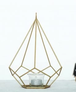 HIER_4330 2 Pack | 9" Gold Metal Pentagon Geometric Tealight Candle Holders | Geometric Flower Stand Centerpieces