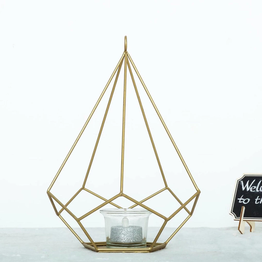 HIER_4330 2 Pack | 9" Gold Metal Pentagon Geometric Tealight Candle Holders | Geometric Flower Stand Centerpieces 1 HIER_4330 2 Pack | 9" Gold Metal Pentagon Geometric Tealight Candle Holders | Geometric Flower Stand Centerpieces