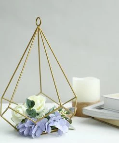 HIER_4330 2 Pack | 9" Gold Metal Pentagon Geometric Tealight Candle Holders | Geometric Flower Stand Centerpieces 26 HIER_4330 2 Pack | 9