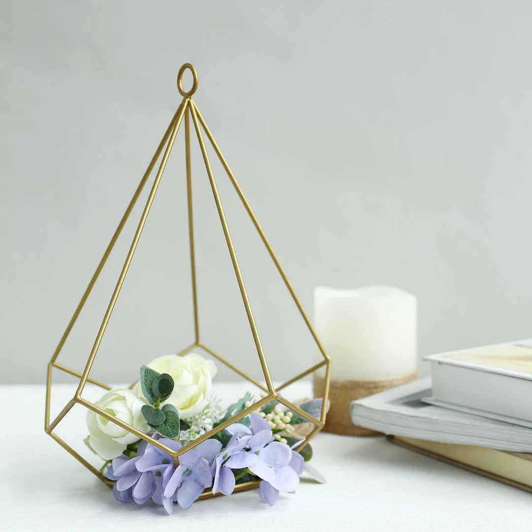 HIER_4330 2 Pack | 9" Gold Metal Pentagon Geometric Tealight Candle Holders | Geometric Flower Stand Centerpieces 6 HIER_4330 2 Pack | 9" Gold Metal Pentagon Geometric Tealight Candle Holders | Geometric Flower Stand Centerpieces