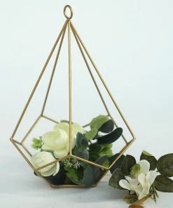 HIER_4330 2 Pack | 9" Gold Metal Pentagon Geometric Tealight Candle Holders | Geometric Flower Stand Centerpieces 36 HIER_4330 2 Pack | 9