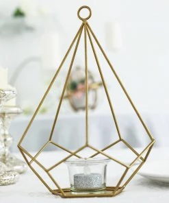 HIER_4330 2 Pack | 9" Gold Metal Pentagon Geometric Tealight Candle Holders | Geometric Flower Stand Centerpieces 27 HIER_4330 2 Pack | 9