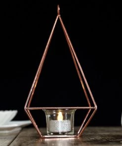 HIER_4330 2 Pack | 9" Rose Gold Metal Geometric Tea Light Candle Holders | Flower Stand Centerpieces