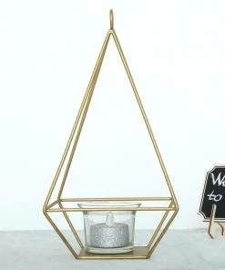 HIER_4330 2 Pack | 9" Gold Metal Geometric Tea Light Candle Holders | Flower Stand Centerpieces Chargers & Centerpieces