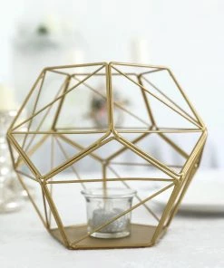 HIER_4330 7" Gold Geometric Candle Holder | Metal Geometric Floral Holder Terrarium Centerpieces Chargers & Centerpieces