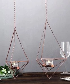 HIER_4300 Set Of 2 | Rose Gold Metal Geometric Floral Holders | Hanging Tealight Candle Holder | 12" | 15" Chargers & Centerpieces