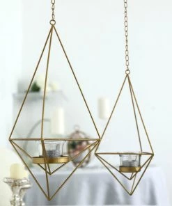 HIER_4330 Chargers & Centerpieces Set Of 2 | Gold Metal Geometric Floral Holders | Hanging Tealight Candle Holder | 12" | 15"
