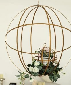 HIER_4330 18" Gold Wrought Iron Folding Ball Floral Sphere | Geometric Hanging Vase Holder Chargers & Centerpieces
