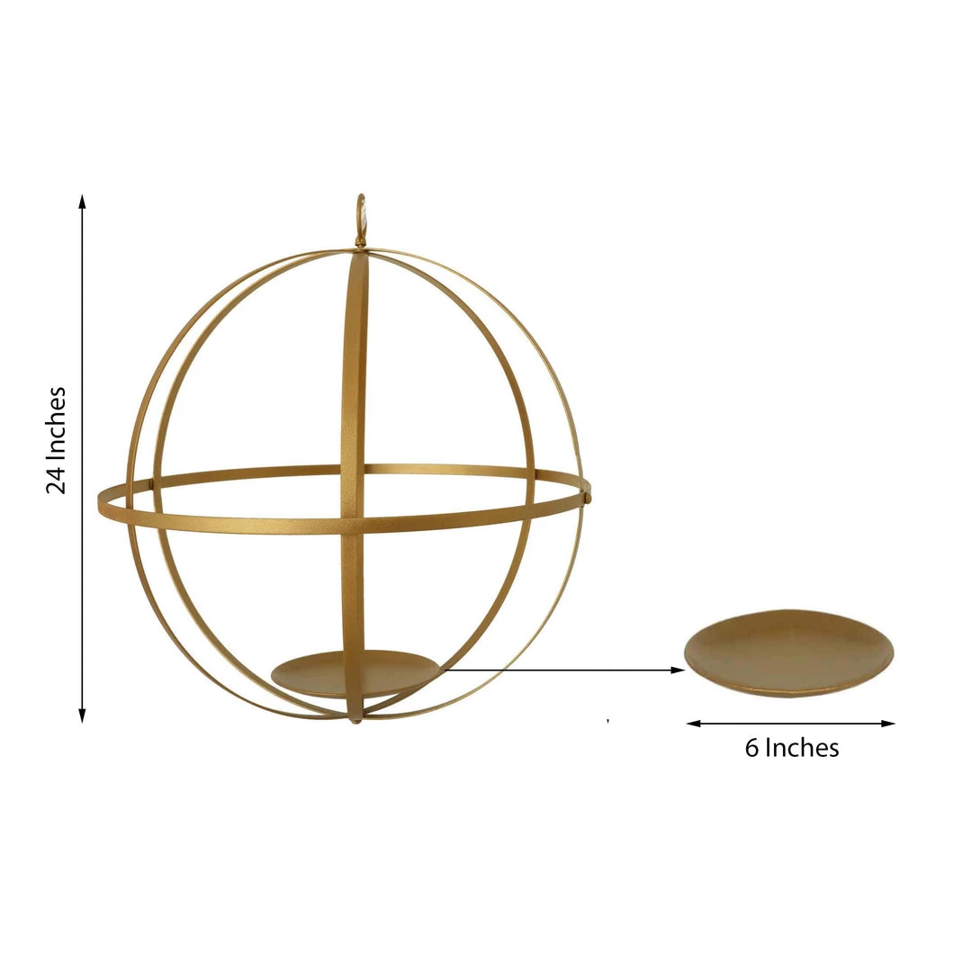 HIER_4330 Tabletop Decor 24" Gold Wrought Iron Folding Ball Floral Sphere | Geometric Hanging Vase Holder 3 HIER_4330 Tabletop Decor 24" Gold Wrought Iron Folding Ball Floral Sphere | Geometric Hanging Vase Holder