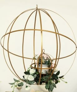 HIER_4330 Tabletop Decor 24" Gold Wrought Iron Folding Ball Floral Sphere | Geometric Hanging Vase Holder