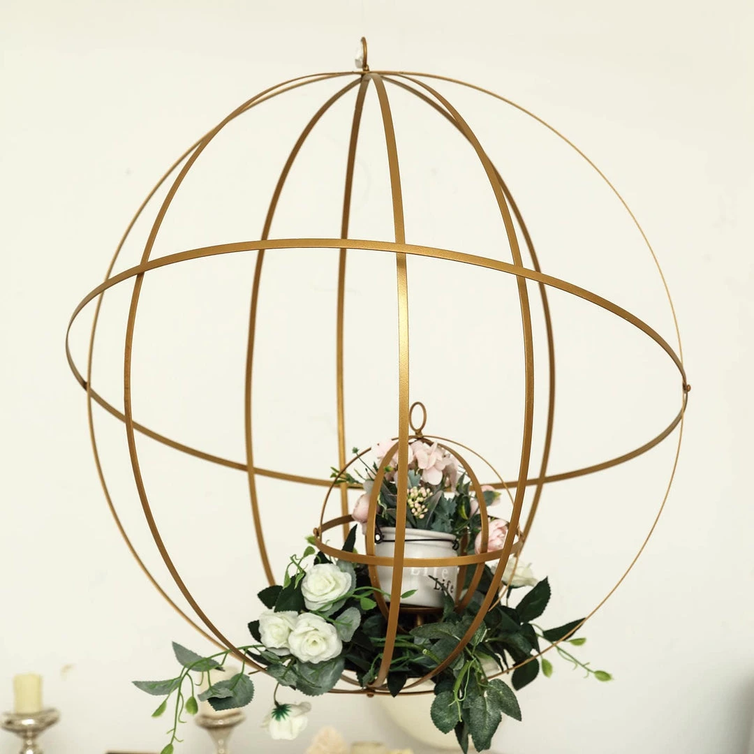 HIER_4330 Tabletop Decor 24" Gold Wrought Iron Folding Ball Floral Sphere | Geometric Hanging Vase Holder 2 HIER_4330 Tabletop Decor 24" Gold Wrought Iron Folding Ball Floral Sphere | Geometric Hanging Vase Holder