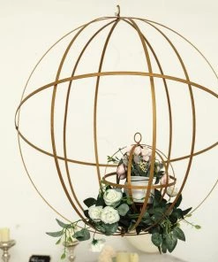 HIER_4330 Tabletop Decor 24" Gold Wrought Iron Folding Ball Floral Sphere | Geometric Hanging Vase Holder 20 HIER_4330 Tabletop Decor 24