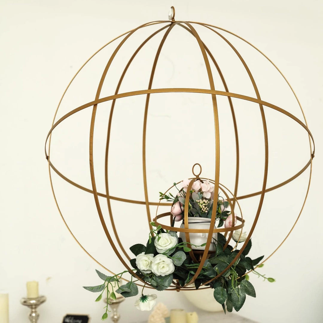 HIER_4330 Tabletop Decor 24" Gold Wrought Iron Folding Ball Floral Sphere | Geometric Hanging Vase Holder 7 HIER_4330 Tabletop Decor 24" Gold Wrought Iron Folding Ball Floral Sphere | Geometric Hanging Vase Holder