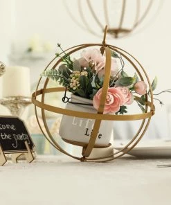 HIER_4330 Tabletop Decor 24" Gold Wrought Iron Folding Ball Floral Sphere | Geometric Hanging Vase Holder 21 HIER_4330 Tabletop Decor 24