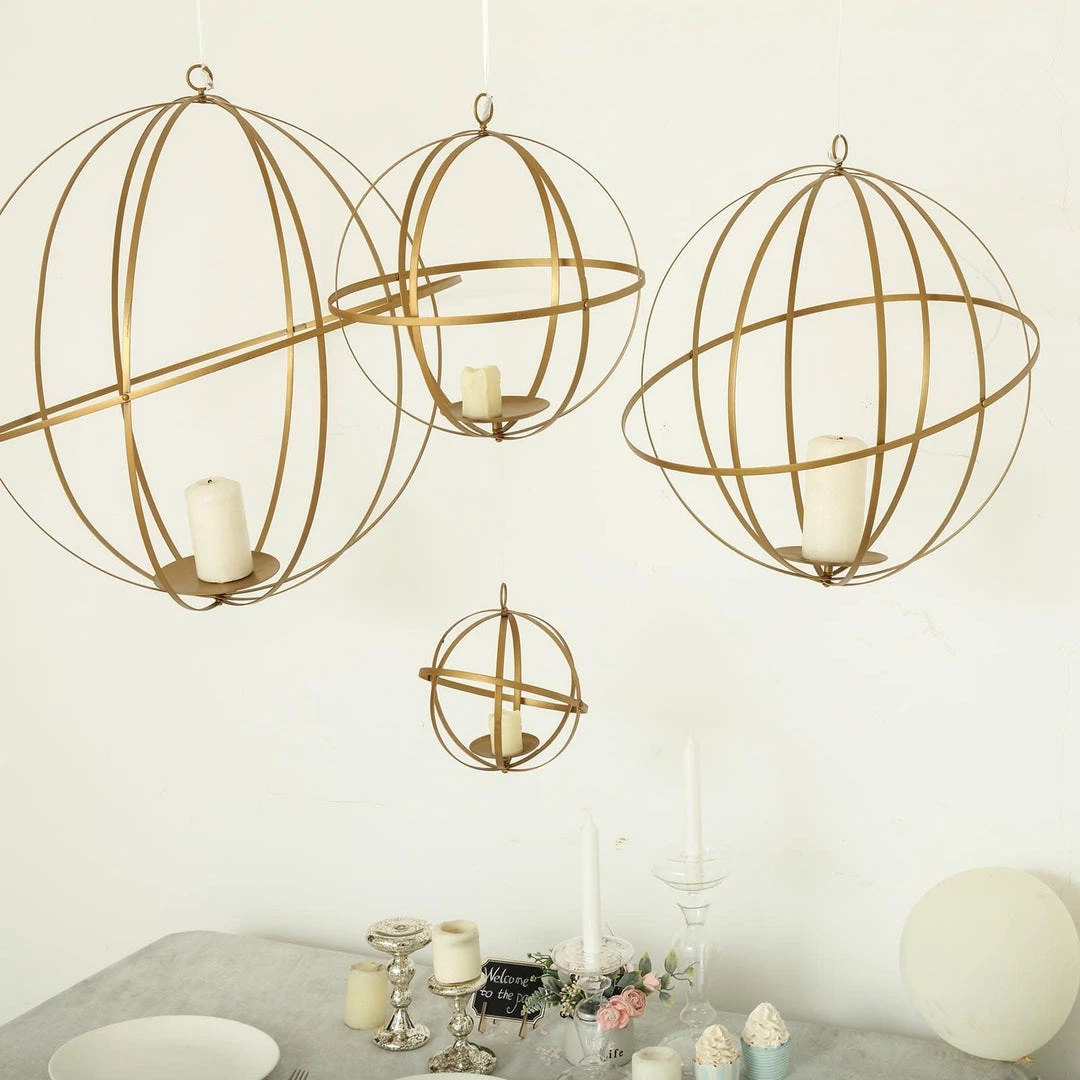 HIER_4330 Tabletop Decor 24" Gold Wrought Iron Folding Ball Floral Sphere | Geometric Hanging Vase Holder 9 HIER_4330 Tabletop Decor 24" Gold Wrought Iron Folding Ball Floral Sphere | Geometric Hanging Vase Holder