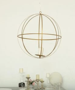 HIER_4330 Tabletop Decor 24" Gold Wrought Iron Folding Ball Floral Sphere | Geometric Hanging Vase Holder