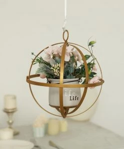 HIER_4330 8" Gold Wrought Iron Folding Ball Floral Sphere | Geometric Hanging Vase Holder Chargers & Centerpieces