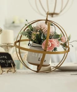 HIER_4330 8" Gold Wrought Iron Folding Ball Floral Sphere | Geometric Hanging Vase Holder Chargers & Centerpieces