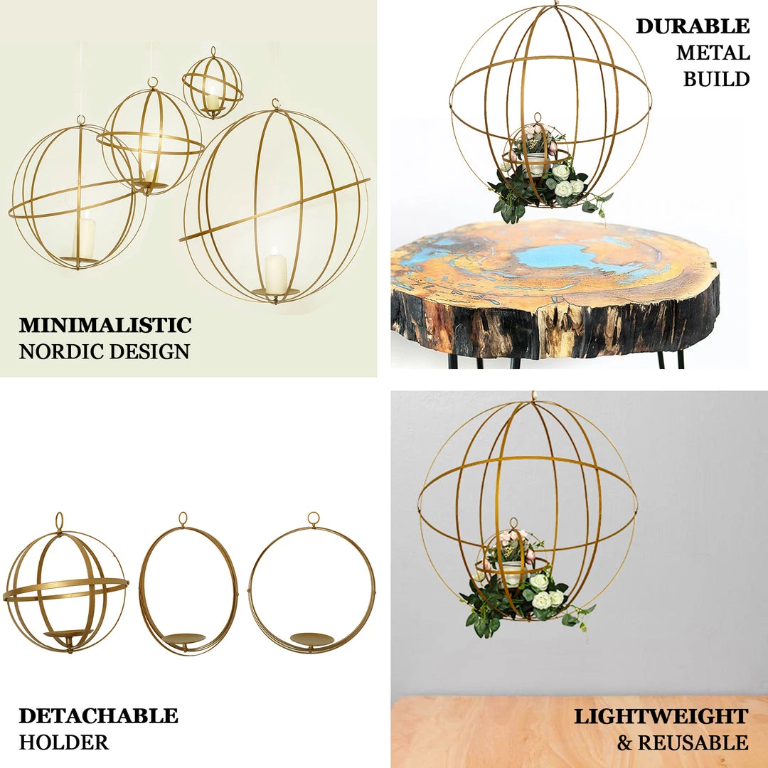 HIER_4330 Tabletop Decor 24" Gold Wrought Iron Folding Ball Floral Sphere | Geometric Hanging Vase Holder 4 HIER_4330 Tabletop Decor 24" Gold Wrought Iron Folding Ball Floral Sphere | Geometric Hanging Vase Holder