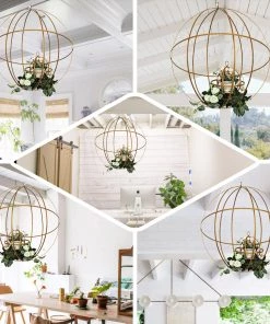 HIER_4330 Tabletop Decor 24" Gold Wrought Iron Folding Ball Floral Sphere | Geometric Hanging Vase Holder 18 HIER_4330 Tabletop Decor 24