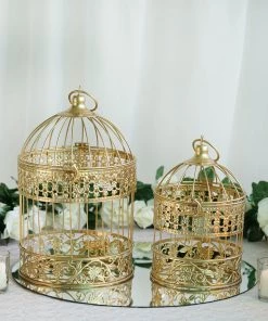 HIER_3610 Set Of 2 | 9" And 13" Metallic Gold Bird Cage Card Holders Chargers & Centerpieces