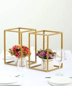 HIER_4330 Chargers & Centerpieces 2 Pack | 12” Rectangular Gold Metal Wedding Flower Stand | Geometric Centerpiece Vases 24 HIER_4330 Chargers & Centerpieces 2 Pack | 12” Rectangular Gold Metal Wedding Flower Stand | Geometric Centerpiece Vases