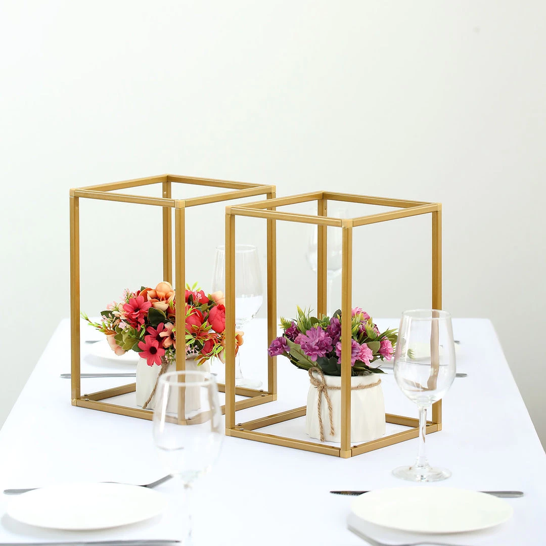 HIER_4330 Chargers & Centerpieces 2 Pack | 12” Rectangular Gold Metal Wedding Flower Stand | Geometric Centerpiece Vases 7 HIER_4330 Chargers & Centerpieces 2 Pack | 12” Rectangular Gold Metal Wedding Flower Stand | Geometric Centerpiece Vases