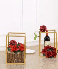 HIER_4330 Chargers & Centerpieces 2 Pack | 12” Rectangular Gold Metal Wedding Flower Stand | Geometric Centerpiece Vases