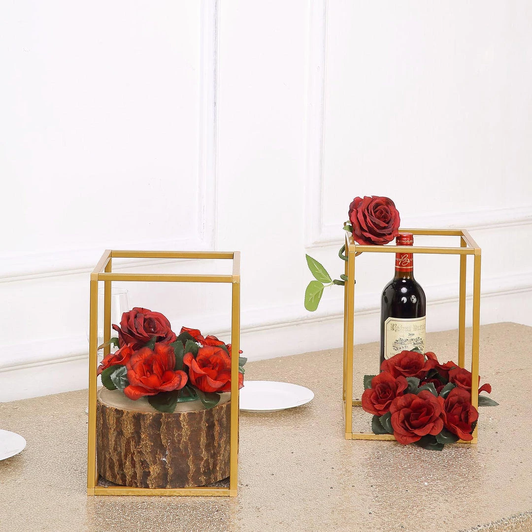 HIER_4330 Chargers & Centerpieces 2 Pack | 12” Rectangular Gold Metal Wedding Flower Stand | Geometric Centerpiece Vases 2 HIER_4330 Chargers & Centerpieces 2 Pack | 12” Rectangular Gold Metal Wedding Flower Stand | Geometric Centerpiece Vases