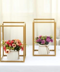 HIER_4330 Chargers & Centerpieces 2 Pack | 12” Rectangular Gold Metal Wedding Flower Stand | Geometric Centerpiece Vases 26 HIER_4330 Chargers & Centerpieces 2 Pack | 12” Rectangular Gold Metal Wedding Flower Stand | Geometric Centerpiece Vases