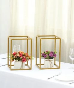 HIER_4330 Chargers & Centerpieces 2 Pack | 12” Rectangular Gold Metal Wedding Flower Stand | Geometric Centerpiece Vases 23 HIER_4330 Chargers & Centerpieces 2 Pack | 12” Rectangular Gold Metal Wedding Flower Stand | Geometric Centerpiece Vases