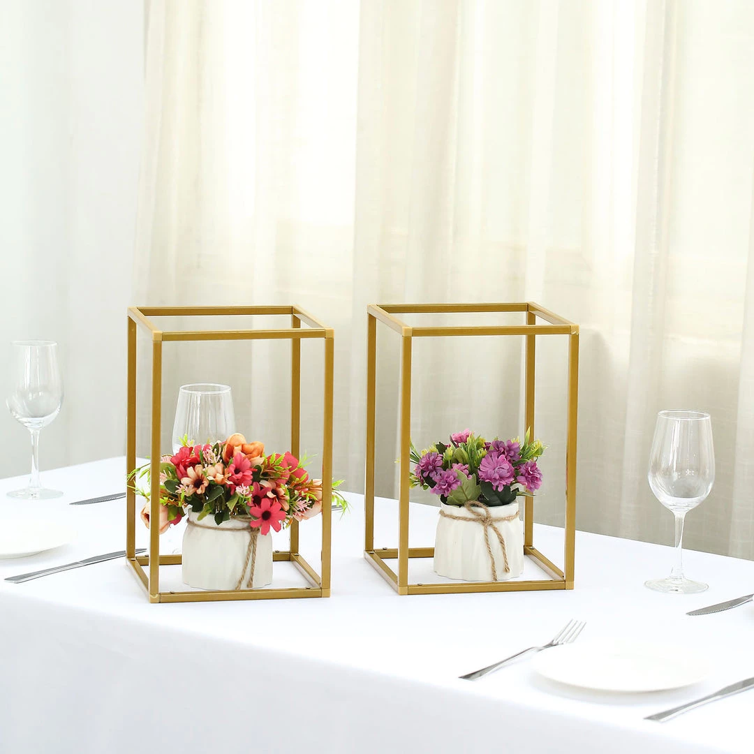 HIER_4330 Chargers & Centerpieces 2 Pack | 12” Rectangular Gold Metal Wedding Flower Stand | Geometric Centerpiece Vases 6 HIER_4330 Chargers & Centerpieces 2 Pack | 12” Rectangular Gold Metal Wedding Flower Stand | Geometric Centerpiece Vases