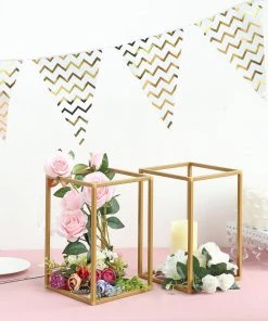 HIER_4330 Chargers & Centerpieces 2 Pack | 12” Rectangular Gold Metal Wedding Flower Stand | Geometric Centerpiece Vases