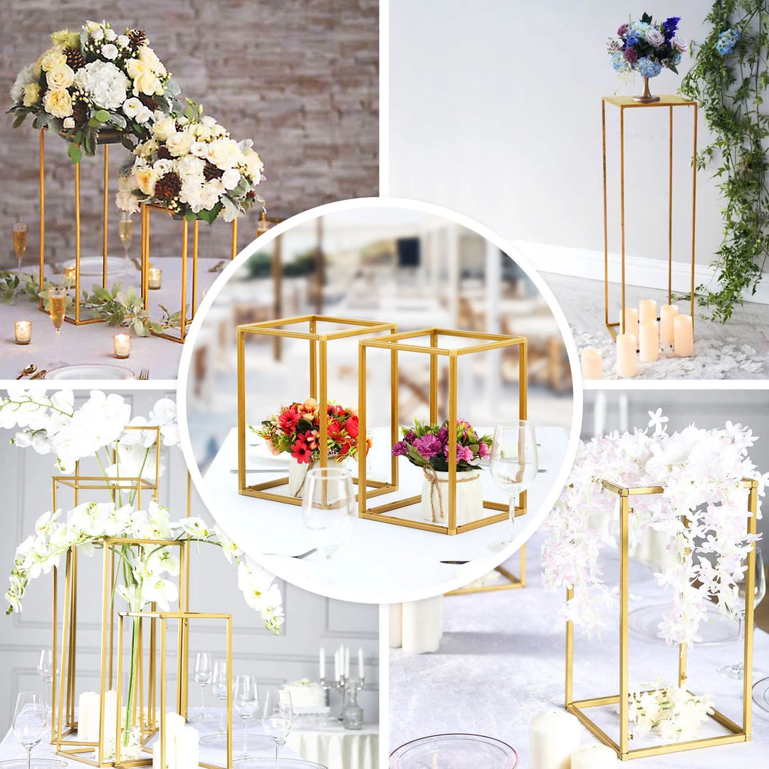 HIER_4330 Chargers & Centerpieces 2 Pack | 12” Rectangular Gold Metal Wedding Flower Stand | Geometric Centerpiece Vases 4 HIER_4330 Chargers & Centerpieces 2 Pack | 12” Rectangular Gold Metal Wedding Flower Stand | Geometric Centerpiece Vases