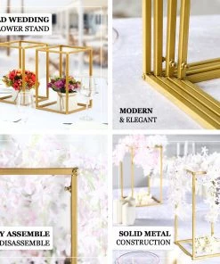 HIER_4330 Chargers & Centerpieces 2 Pack | 12” Rectangular Gold Metal Wedding Flower Stand | Geometric Centerpiece Vases 22 HIER_4330 Chargers & Centerpieces 2 Pack | 12” Rectangular Gold Metal Wedding Flower Stand | Geometric Centerpiece Vases