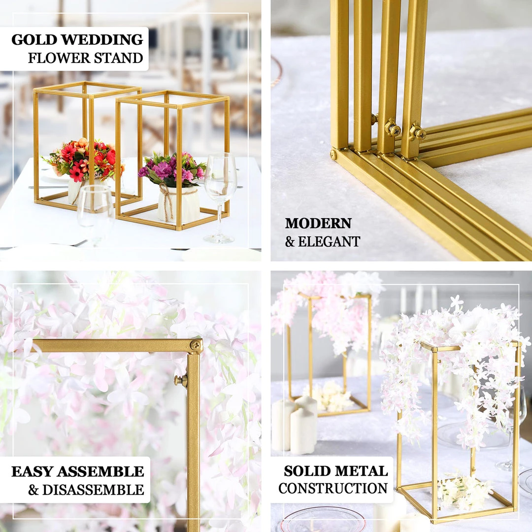 HIER_4330 Chargers & Centerpieces 2 Pack | 12” Rectangular Gold Metal Wedding Flower Stand | Geometric Centerpiece Vases 5 HIER_4330 Chargers & Centerpieces 2 Pack | 12” Rectangular Gold Metal Wedding Flower Stand | Geometric Centerpiece Vases