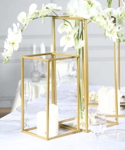 HIER_3610 Set Of 4 | Matte Gold Wedding Flower Stand | Metal Vase Column Stand | Geometric Centerpiece Vase | 16"| 24"| 32"| 40"