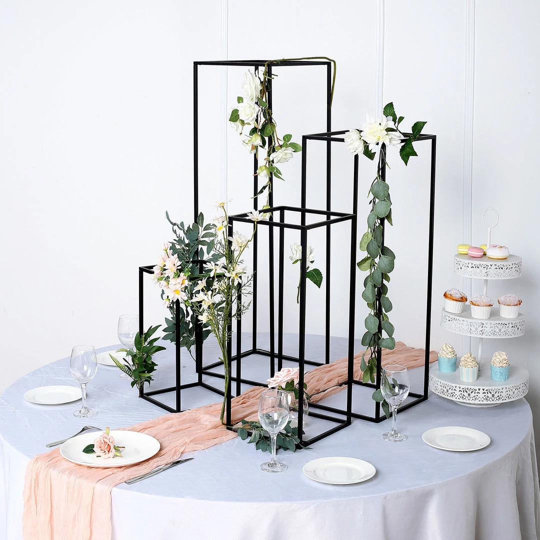 HIER_4820 Chargers & Centerpieces Set Of 4 | Matte Black Wedding Flower Stand | Metal Vase Column Stand | Geometric Centerpiece Vase - 16"| 24"| 32"| 40" 10 HIER_4820 Chargers & Centerpieces Set Of 4 | Matte Black Wedding Flower Stand | Metal Vase Column Stand | Geometric Centerpiece Vase - 16"| 24"| 32"| 40"