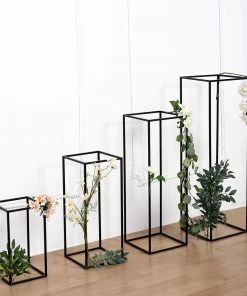 HIER_4820 Chargers & Centerpieces Set Of 4 | Matte Black Wedding Flower Stand | Metal Vase Column Stand | Geometric Centerpiece Vase - 16"| 24"| 32"| 40"