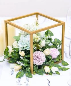 HIER_4330 2 Pack | 8" Square Gold Metal Wedding Flower Stand | Geometric Centerpiece Vases