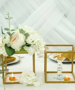 HIER_4330 2 Pack | 8" Square Gold Metal Wedding Flower Stand | Geometric Centerpiece Vases
