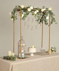 HIER_3610 48" Tall Gold Adjustable Over The Table Metal Stand, Collapsible Flower Arch Rod Stand Chargers & Centerpieces