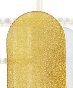 HIER_3110 7ft Shiny Gold Spandex Fit Round Top Backdrop Frame Stand Cover, 2-Sided Metallic Sparkly Wedding Arch Cover Backdrop Panels