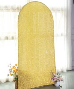 HIER_3110 7ft Shiny Gold Spandex Fit Round Top Backdrop Frame Stand Cover, 2-Sided Metallic Sparkly Wedding Arch Cover Backdrop Panels