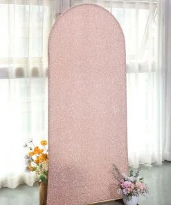 HIER_3110 Backdrop Panels 6ft Shiny Blush/Rose Gold Spandex Fit Round Top Backdrop Frame Stand Cover, 2-Sided Metallic Sparkly Wedding Arch Cover