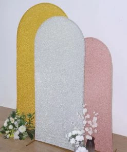 HIER_3110 6ft Shiny Silver Spandex Fit Round Top Backdrop Frame Stand Cover, 2-Sided Metallic Sparkly Wedding Arch Cover