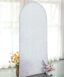 HIER_3110 6ft Shiny Silver Spandex Fit Round Top Backdrop Frame Stand Cover, 2-Sided Metallic Sparkly Wedding Arch Cover